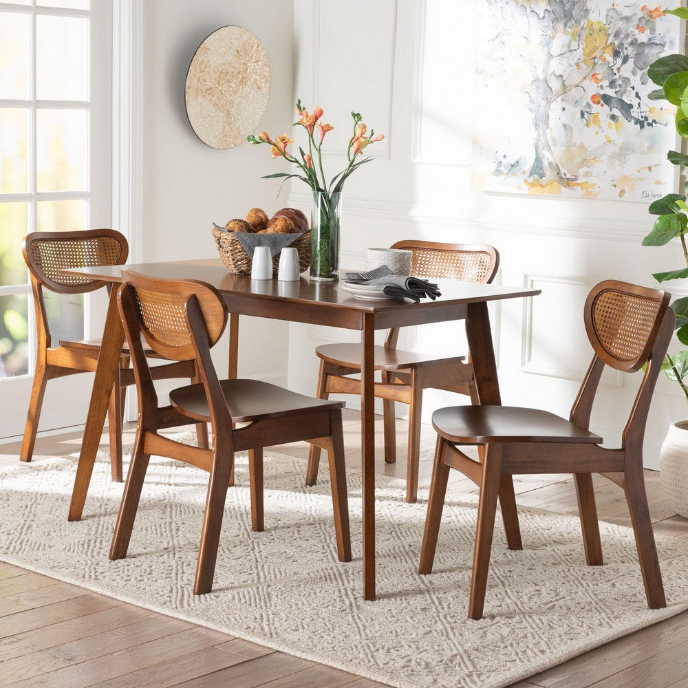 Baxton Studio - Kristy Dining Set in Brown/Walnut Brown - Kristy-Walnut Rattan-Rectangle-5PC Dining Set view 8