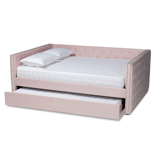 Baxton Studio - Larkin Full Size Daybed with Trundle in Pink - CF9227-Pink Velvet Velvet-Daybed-F/T view 2
