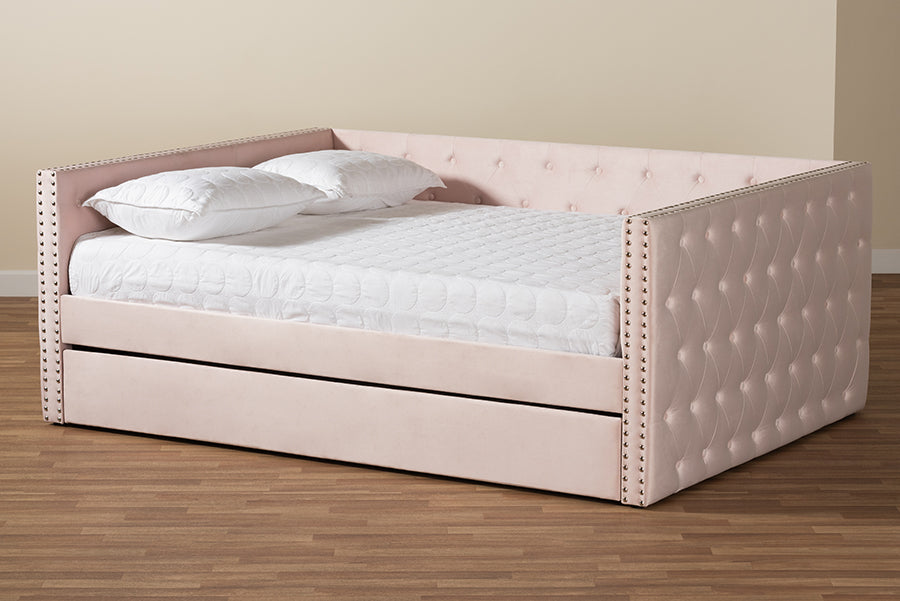 Baxton Studio - Larkin Full Size Daybed with Trundle in Pink - CF9227-Pink Velvet Velvet-Daybed-F/T view 10
