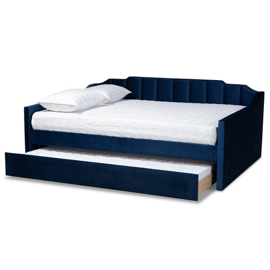 Baxton Studio - LenNon Queen Size Daybed with Trundle in Navy Blue - CF9172-Navy Blue Velvet-Daybed-Q/T view 2