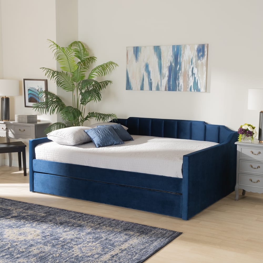 Baxton Studio - LenNon Queen Size Daybed with Trundle in Navy Blue - CF9172-Navy Blue Velvet-Daybed-Q/T view 9