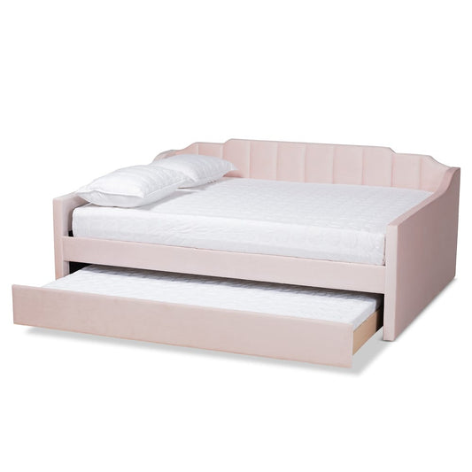 Baxton Studio - LenNon Queen Size Daybed with Trundle in Pink - CF9172-Pink Velvet Velvet-Daybed-Q/T view 2