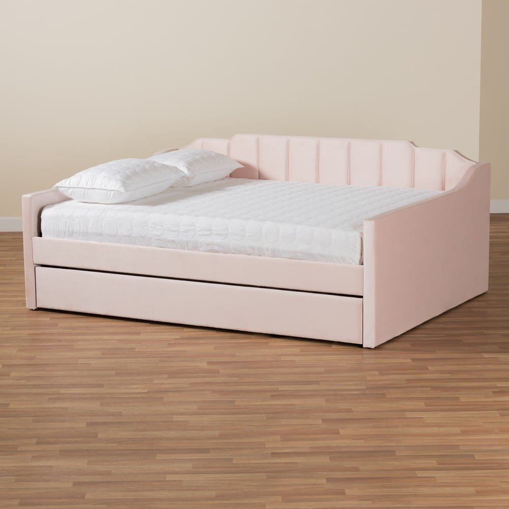 Baxton Studio - LenNon Queen Size Daybed with Trundle in Pink - CF9172-Pink Velvet Velvet-Daybed-Q/T view 9
