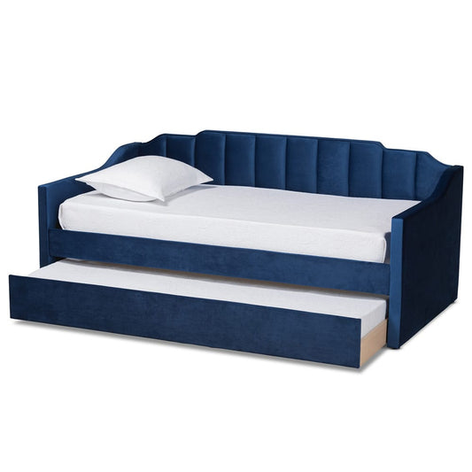 Baxton Studio - LenNon Twin Size Daybed with Trundle in Navy Blue - CF9172-Navy Blue Velvet-Daybed-T/T view 2