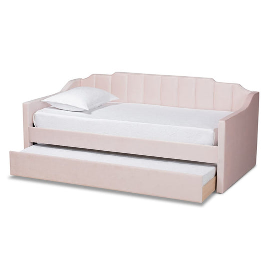 Baxton Studio - LenNon Twin Size Daybed with Trundle in Pink - CF9172-Pink Velvet Velvet-Daybed-T/T view 2