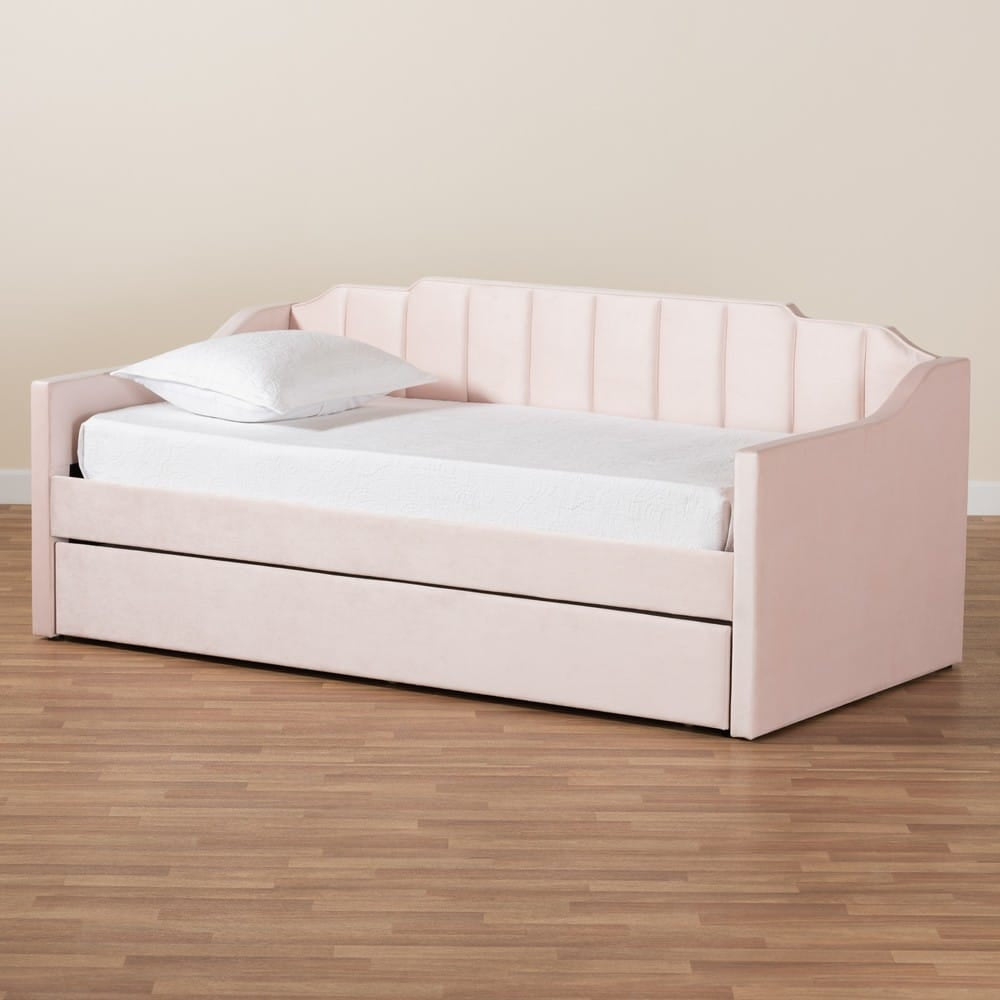 Baxton Studio - LenNon Twin Size Daybed with Trundle in Pink - CF9172-Pink Velvet Velvet-Daybed-T/T view 9