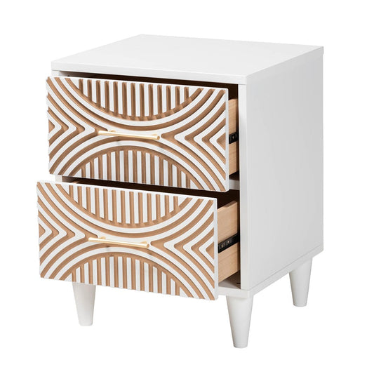 Baxton Studio - Louetta Nightstand in White/Natural Brown - SW8000-63NS2D-2DW-White-Nightstand view 2