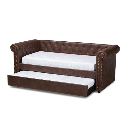 Baxton Studio - Mabelle Twin Size Daybed with Trundle in Brown - Ashley-Brown-Daybed view 2