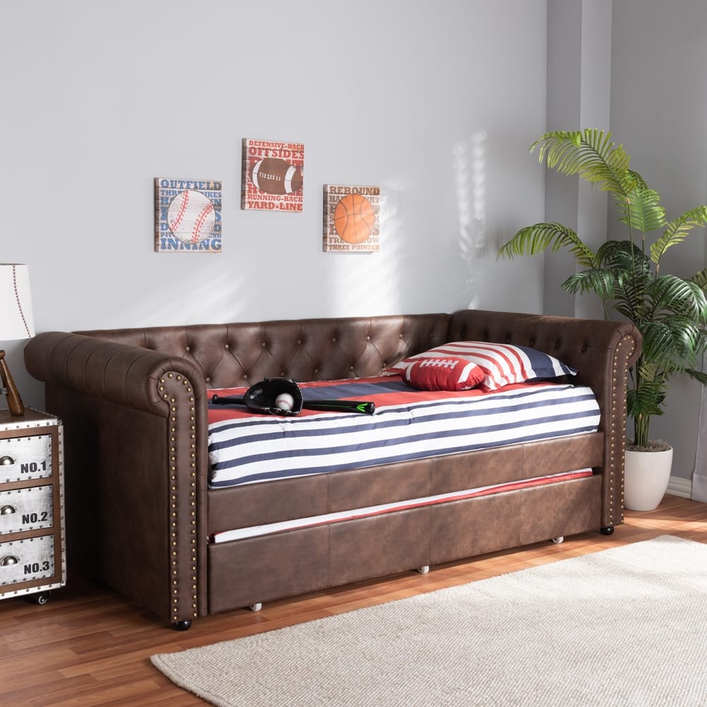 Baxton Studio - Mabelle Twin Size Daybed with Trundle in Brown - Ashley-Brown-Daybed view 9