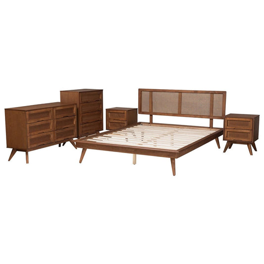 Baxton Studio - Nura Full Bedroom Set in Walnut Brown/Brown - Nura-Ash Walnut Rattan-Full 5PC Bedroom Set view 2