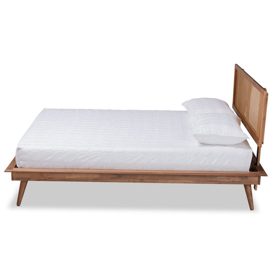Baxton Studio - Nura Full Size Bed in Walnut Brown - Nura-Ash Walnut Rattan-Full view 2