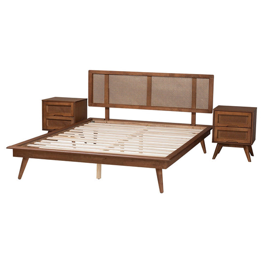 Baxton Studio - Nura King Bedroom Set in Walnut Brown/Brown - Nura-Ash Walnut Rattan-King 3PC Bedroom Set view 2