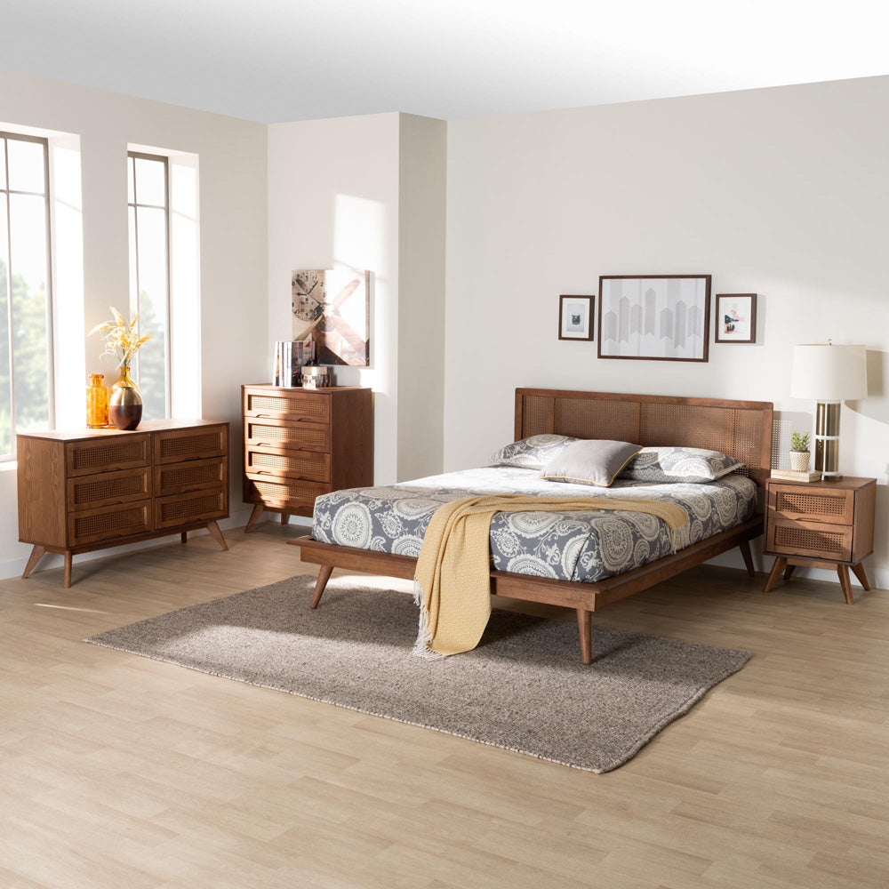 Baxton Studio - Nura King Bedroom Set in Walnut Brown/Brown - Nura-Ash Walnut Rattan-King 4PC Bedroom Set view 12