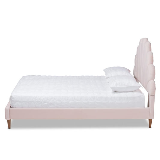 Baxton Studio - Odille Queen Size Bed in Light Pink/Walnut - BBT6897-Light Pink Velvet/Walnut-Queen view 2