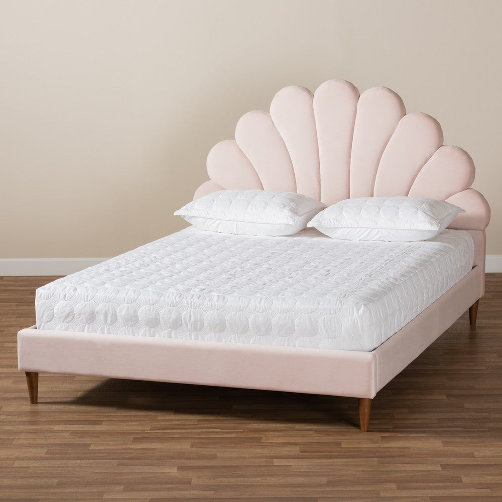 Baxton Studio - Odille Queen Size Bed in Light Pink/Walnut - BBT6897-Light Pink Velvet/Walnut-Queen view 7