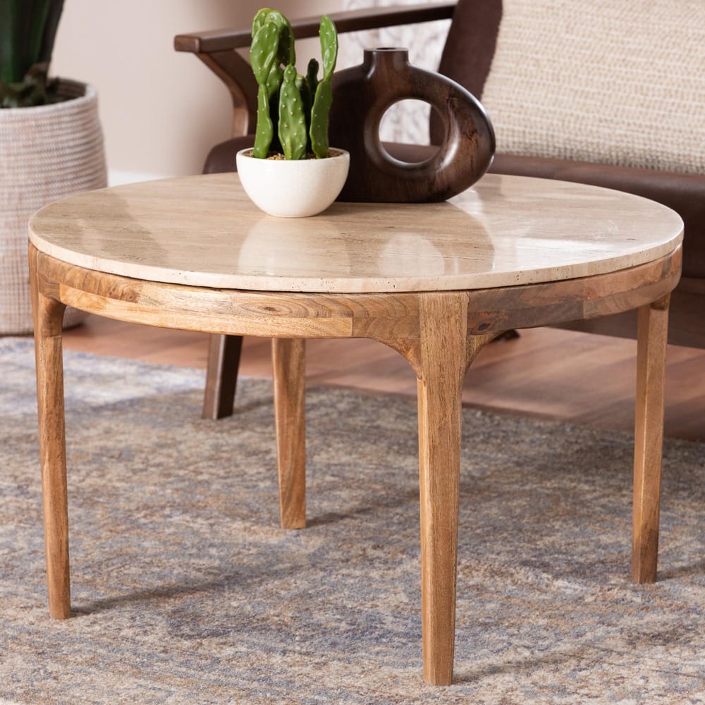 Baxton Studio - Prospero Coffee Table in Travertine/Walnut Brown - FUR6889-Natural Travertine Top-CT view 6