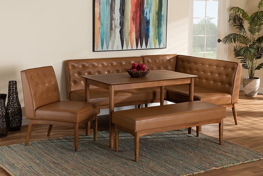 Baxton Studio - Riordan Dining Set in Tan/Walnut Brown - BBT8051.13-Tan/Walnut-5PC Dining Nook Set view 10