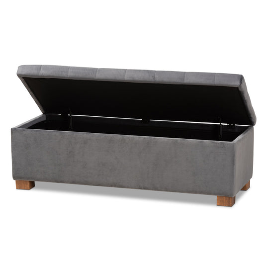 Baxton Studio - RoaNoke Storage Ottoman in Grey/Brown - BBT3101-Grey Velvet/Walnut-Otto view 2