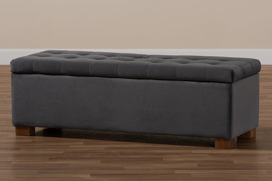 Baxton Studio - RoaNoke Storage Ottoman in Grey/Brown - BBT3101-Grey Velvet/Walnut-Otto view 10