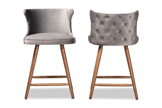 Baxton Studio - Sagira Counter Stool Set of 2 - RDC817-AC-Grey Velvet/Walnut-CS-2PC Set view 2