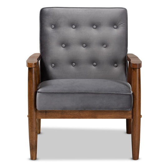 Baxton Studio - Sorrento Chair in Grey/Brown - BBT8013-Grey Velvet/Walnut-CC view 2