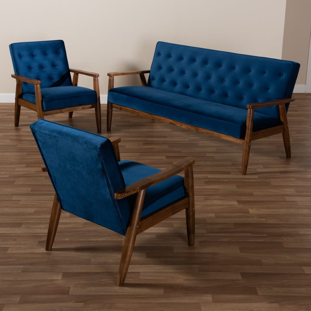 Baxton Studio - Sorrento Sofa Set in Navy Blue/Brown - BBT8013-Navy Velvet/Walnut-3PC Set view 7