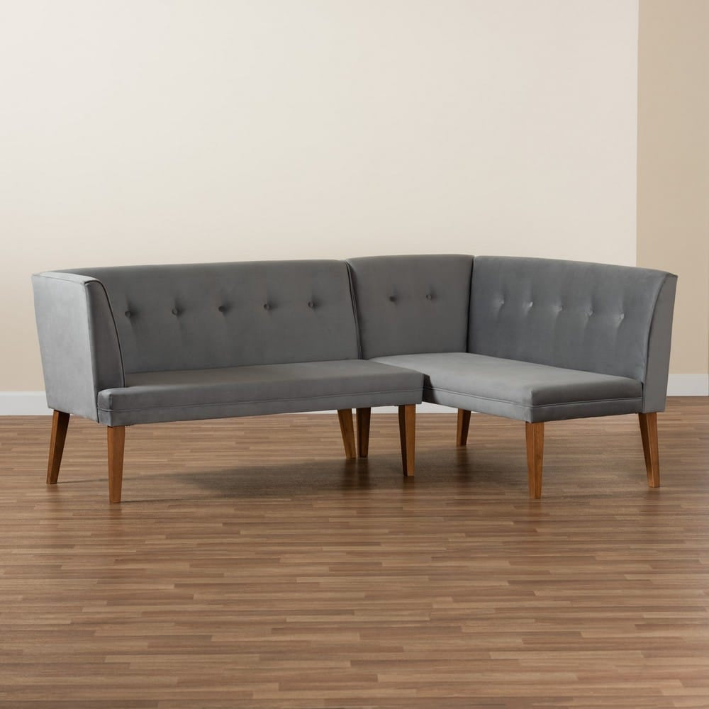 Baxton Studio - Stewart Set of 2 Corner Benches in Grey/Walnut Brown - BBT8062-Grey Velvet/Walnut-2PC SF Bench view 8