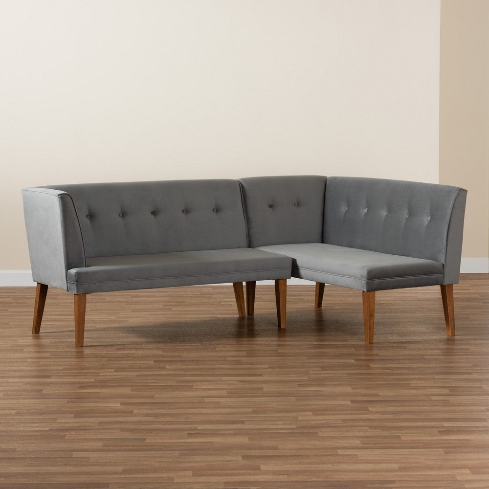 Baxton Studio - Stewart Set of 2 Corner Benches in Grey/Walnut Brown - BBT8062-Grey Velvet/Walnut-2PC SF Bench view 8