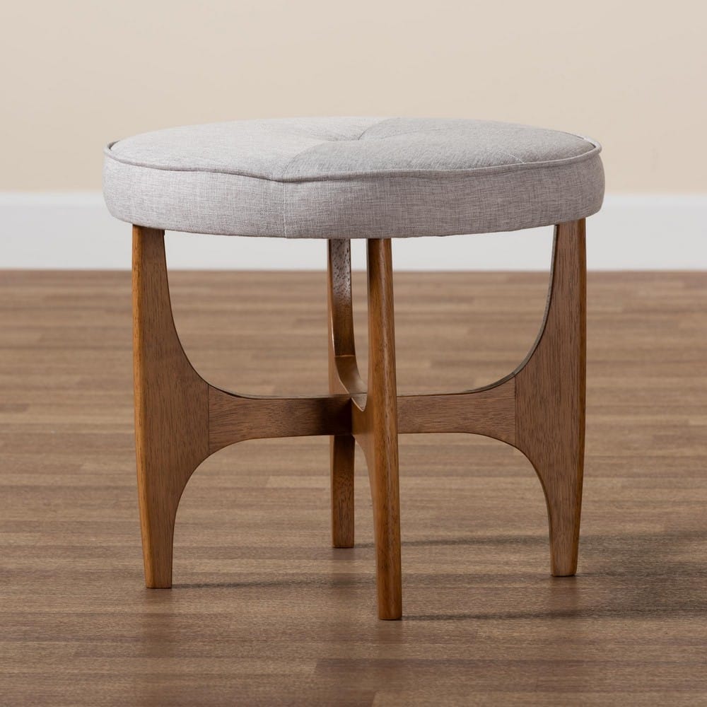 Baxton Studio - Theo Footstool in Greyish Beige/Walnut Brown - BBT5456-Greyish Beige/Walnut-Stool view 7
