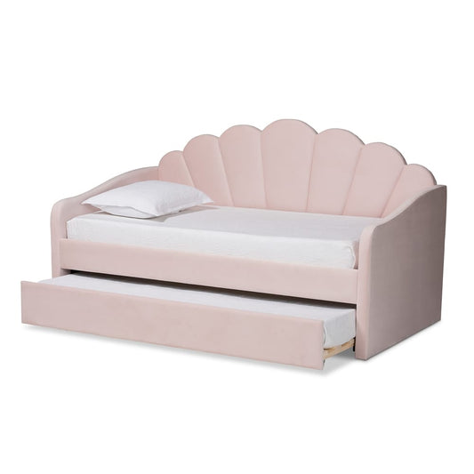 Baxton Studio - Timila Full Size Daybed with Trundle in Light Pink - BBT61047T-Light Pink Velvet-Daybed-F/T view 2