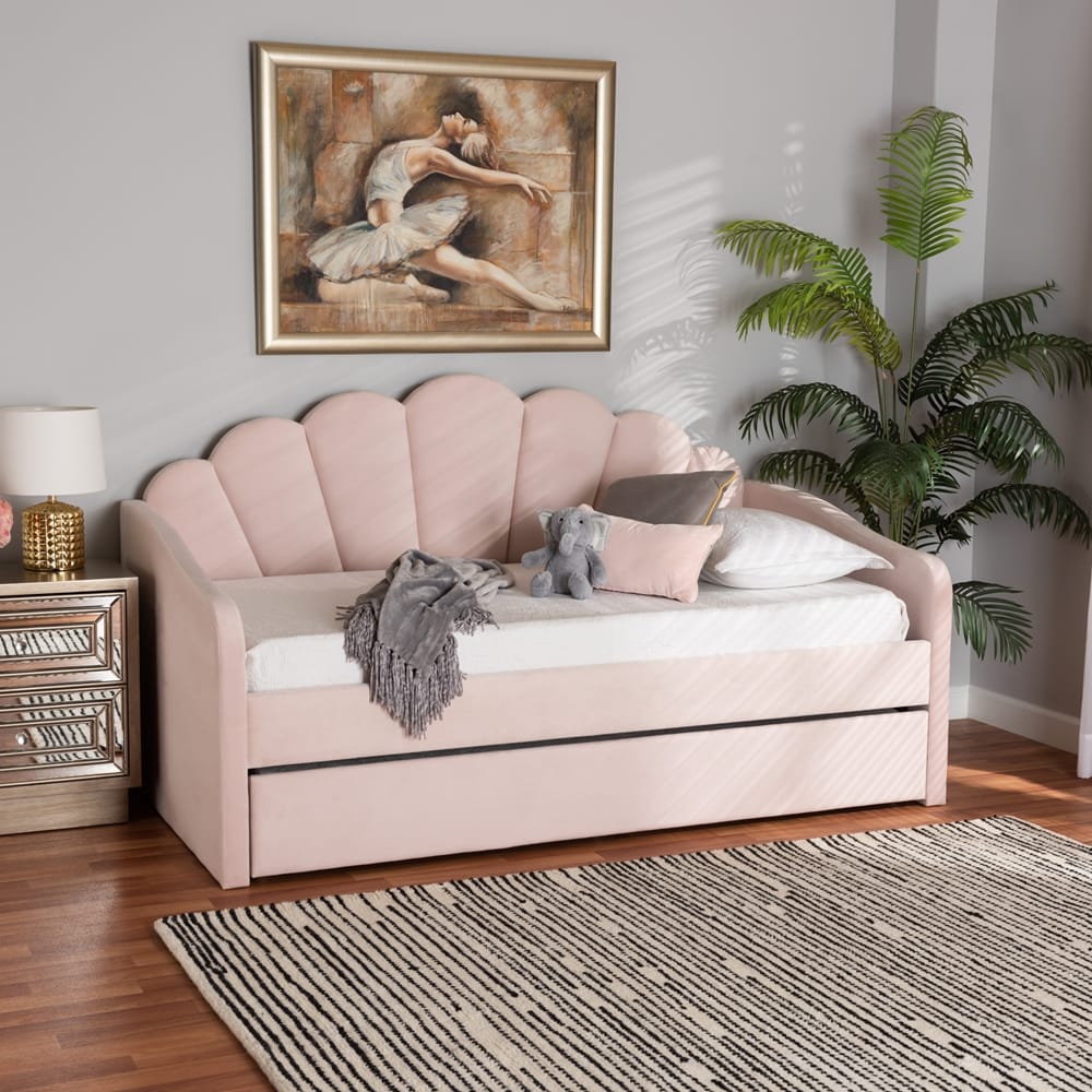 Baxton Studio - Timila Full Size Daybed with Trundle in Light Pink - BBT61047T-Light Pink Velvet-Daybed-F/T view 11