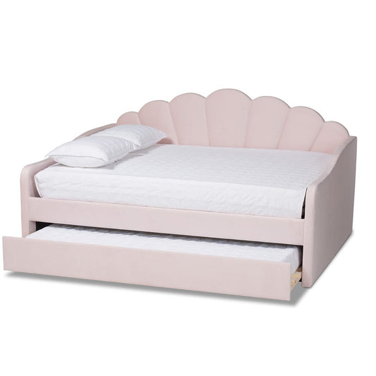 Baxton Studio - Timila Queen Size Daybed with Trundle in Light Pink - BBT61047T-Light Pink Velvet-Daybed-Q/T view 2