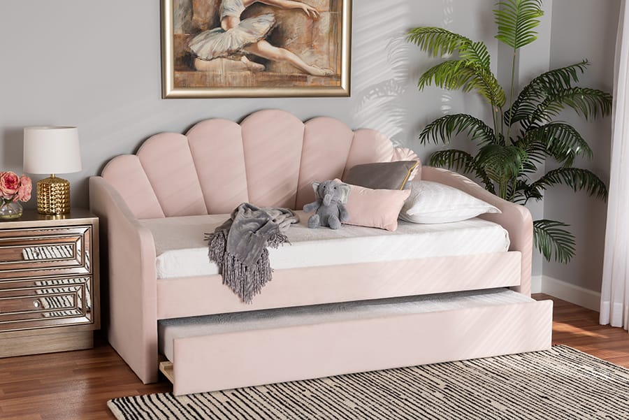 Baxton Studio - Timila Twin Size Daybed with Trundle in Light Pink - BBT61047T-Light Pink Velvet-Daybed-T/T view 10