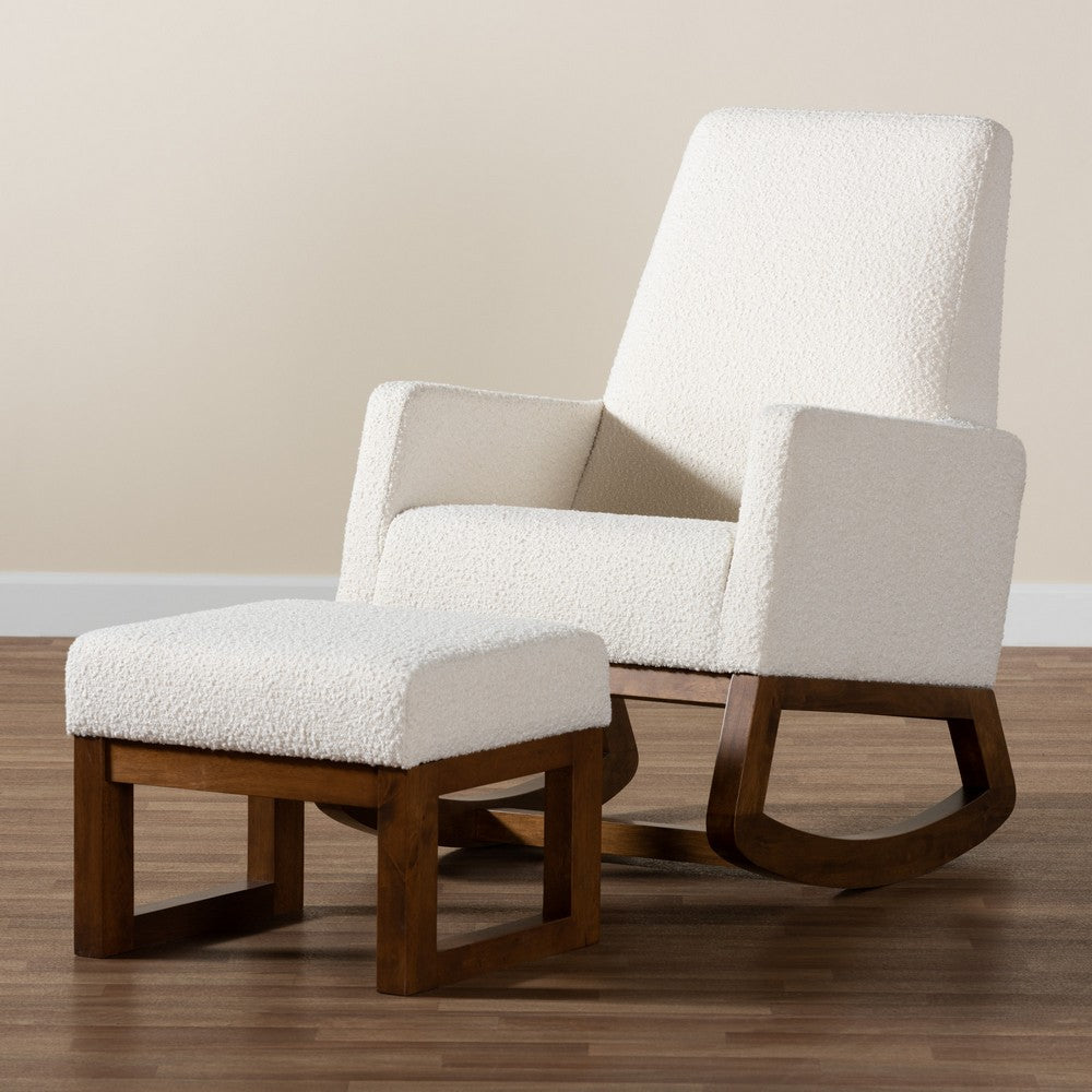Baxton Studio - Yashiya Rocking Chair with Footstool in Off-White/Walnut Brown - BBT5199-Cream/Walnut Set view 9