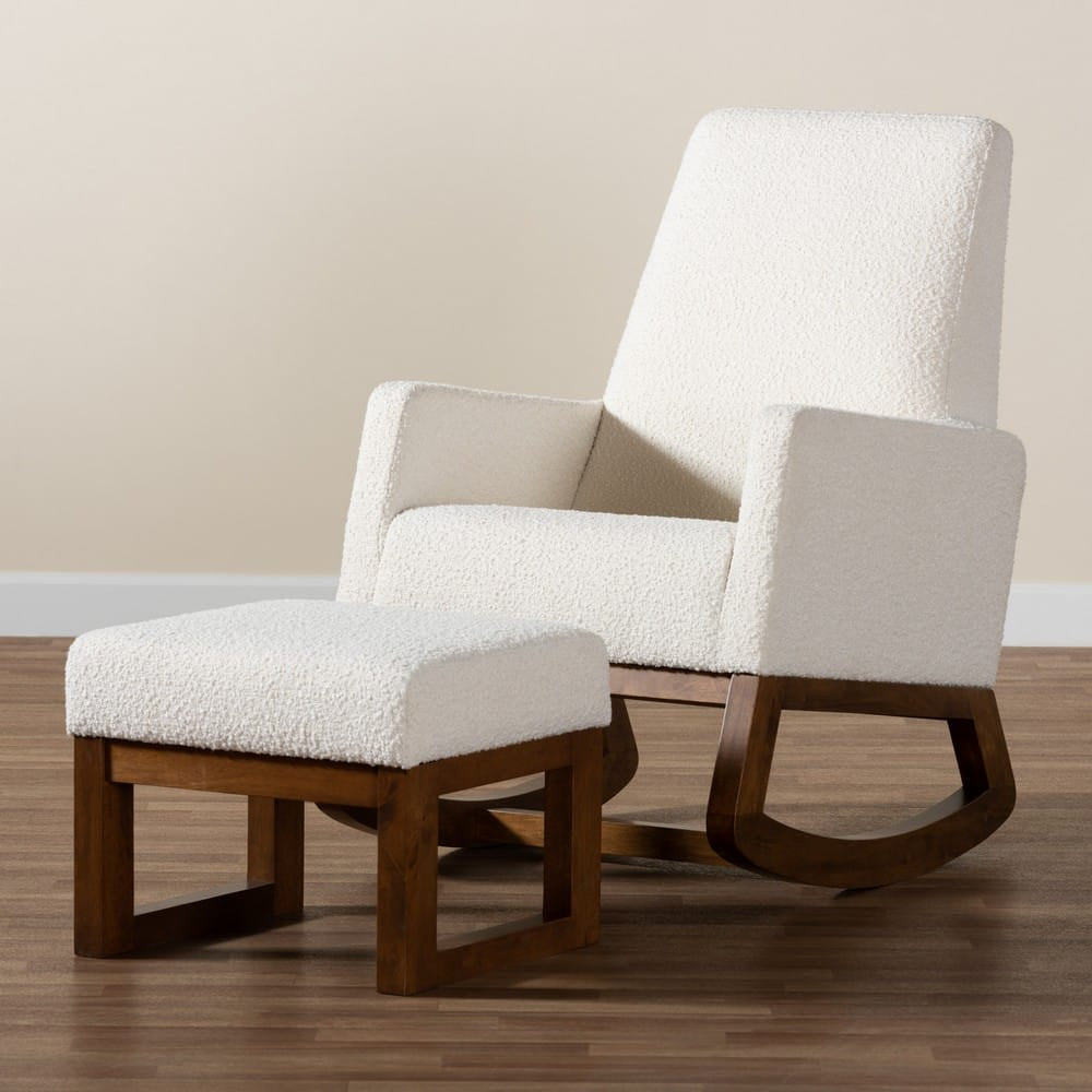 Baxton Studio - Yashiya Rocking Chair with Footstool in Off-White/Walnut Brown - BBT5199-Cream/Walnut Set view 9