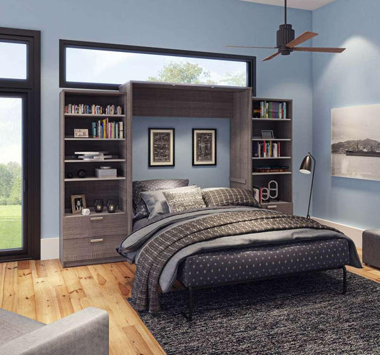 Bestar - Cielo 125W Queen Murphy Bed and 2 Shelving Units with Drawers (124W) in Bark Grey & White - 80885-47 veiw 2