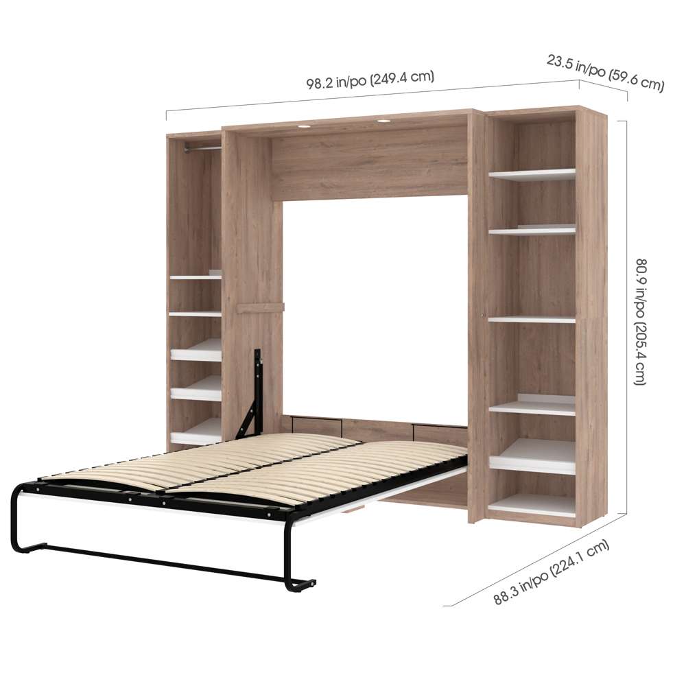 Bestar - Cielo 99W Full Murphy Bed with 2 Narrow Shelving Units (98W) in Rustic Brown & White - 80896-000009 veiw 6