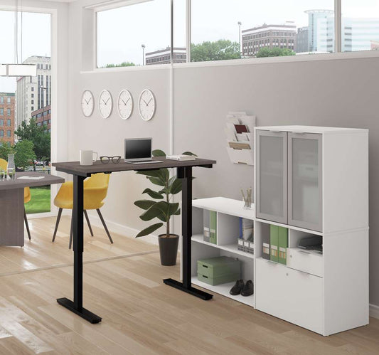 Bestar - I3 Plus 72W L-Shaped Standing Desk and Hutch with Frosted Glass Doors in Bark Grey & White - 160886-4717 veiw 2
