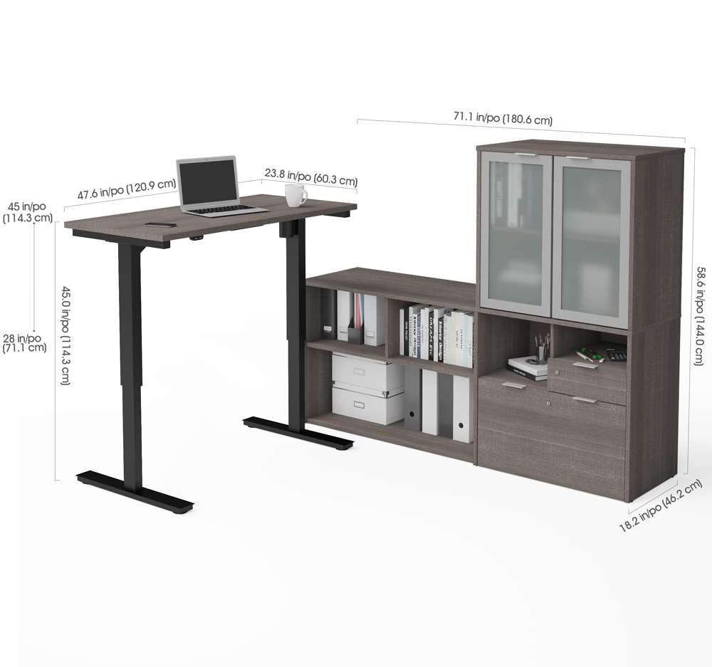 Bestar - I3 Plus 72W L-Shaped Standing Desk and Hutch with Frosted Glass Doors in Bark Grey - 160886-47 veiw 3