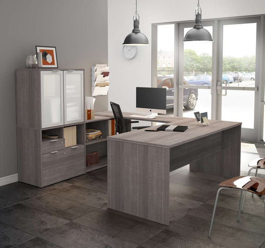 Bestar - I3 Plus 72W U-Shaped Executive Desk with Frosted Glass Doors Hutch in Bark Grey - 160861-47 veiw 2