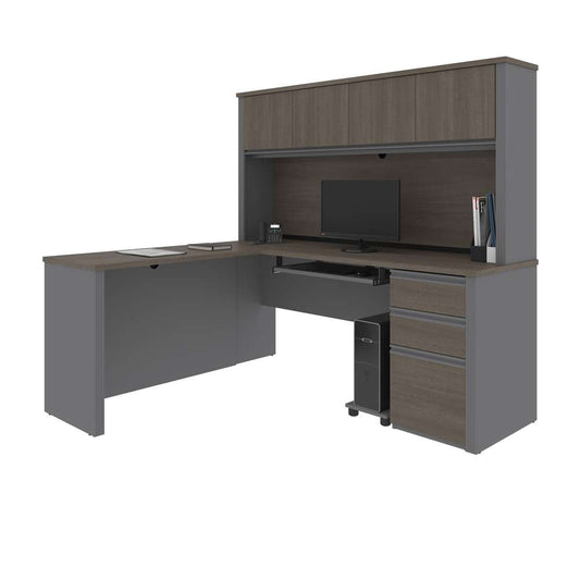 Bestar - Prestige + 72W L-Shaped Desk with Pedestal and Hutch in Bark Grey & Slate - 99872-000047 veiw 2
