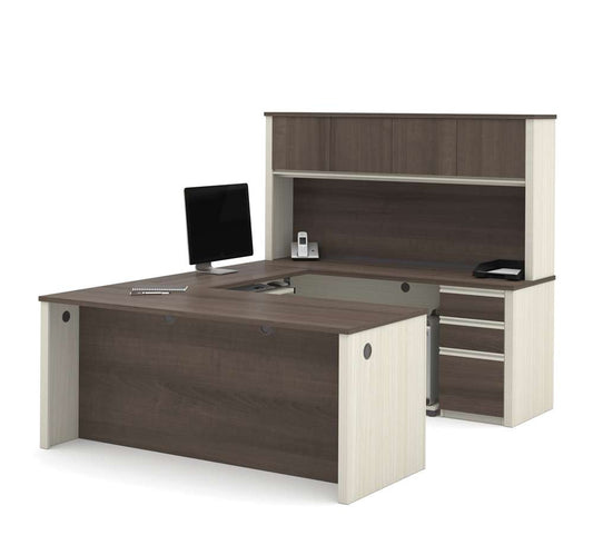 Bestar - Prestige + 72W U-Shaped Executive Desk with 2 Pedestals and Hutch in White Chocolate & Antigua - 99853-52 veiw 2