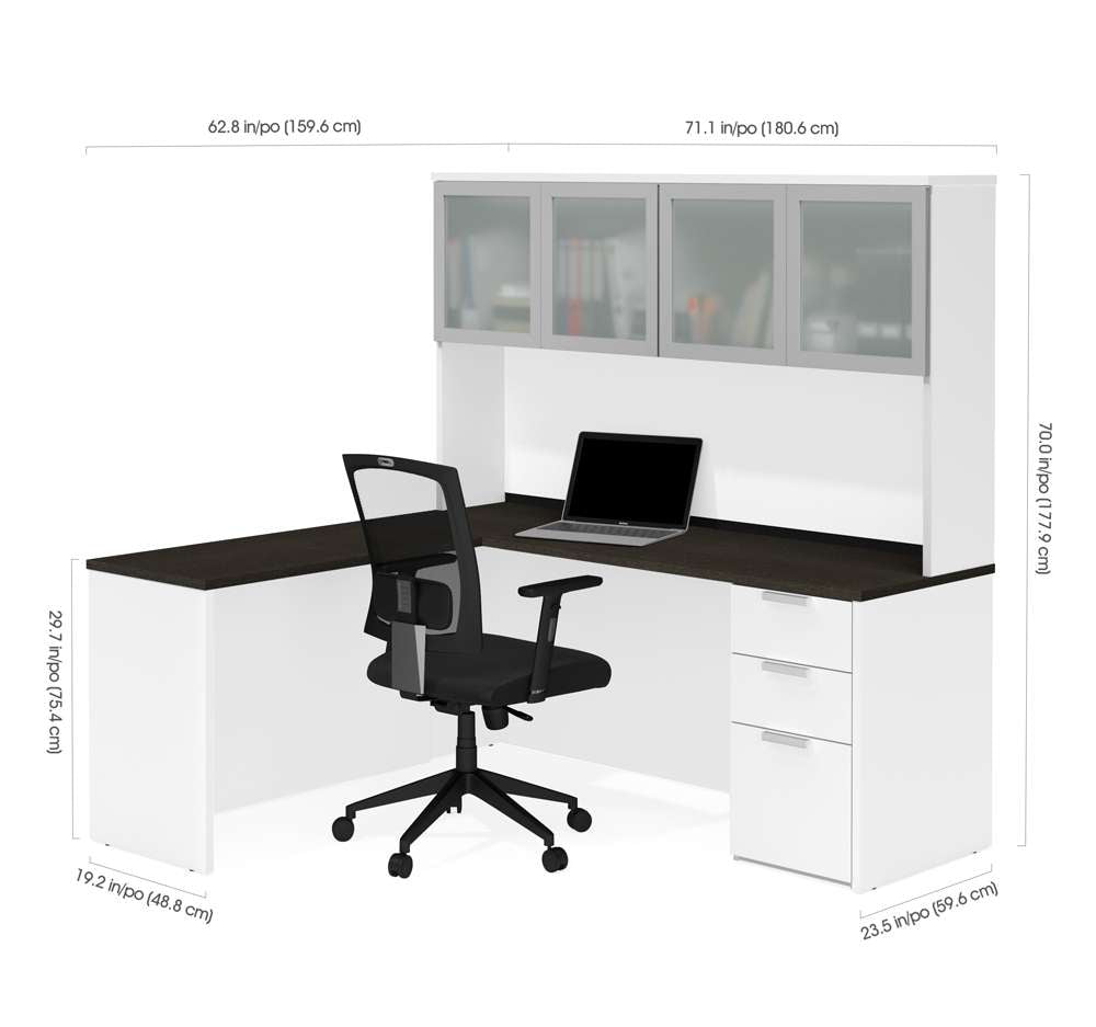 Bestar - Pro-Concept Plus 72W L-Shaped Desk with Pedestal and Frosted Glass Doors Hutch in White & Deep Grey - 110887-17 veiw 3