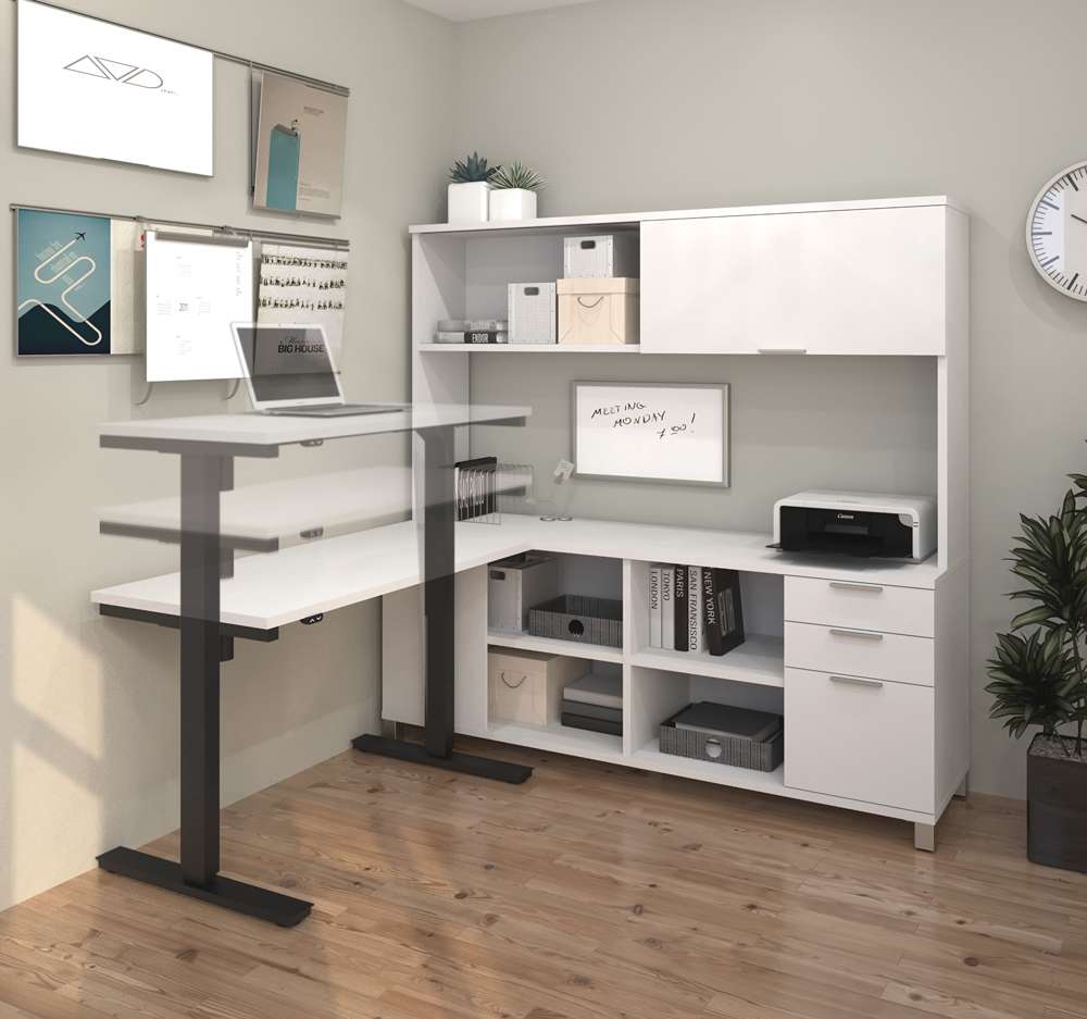 Bestar - Pro-Linea 72W L-Shaped Standing Desk with Hutch in White - 120858-17 veiw 3