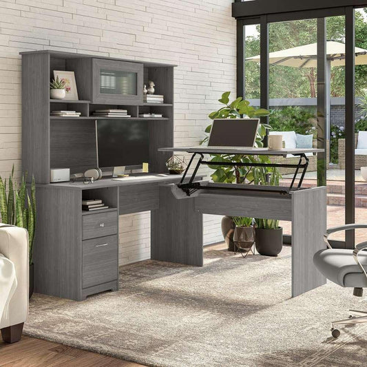Bush Furniture - Cabot 60W 3 Position Sit to Stand L Shaped Desk with Hutch in Modern Gray - CAB045MG veiw 2