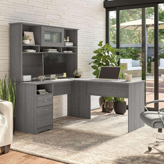 Bush Furniture - Cabot 60W L Shaped Computer Desk with Hutch and Drawers in Modern Gray - CAB046MG veiw 2
