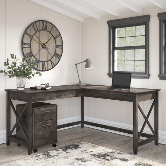 Bush Furniture - Key West 60W L Desk with Mobile Ped in Dark Gray Hickory - KWS013GH veiw 2