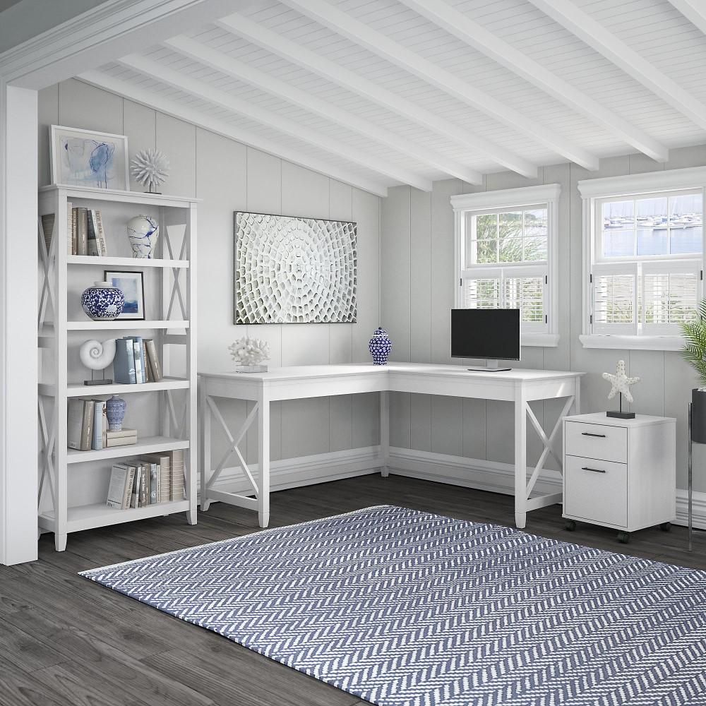 Bush Furniture - Key West 60W L Shaped Desk with 2 Drawer Mobile File Cabinet and 5 Shelf Bookcase in Pure White Oak - KWS016WT veiw 5