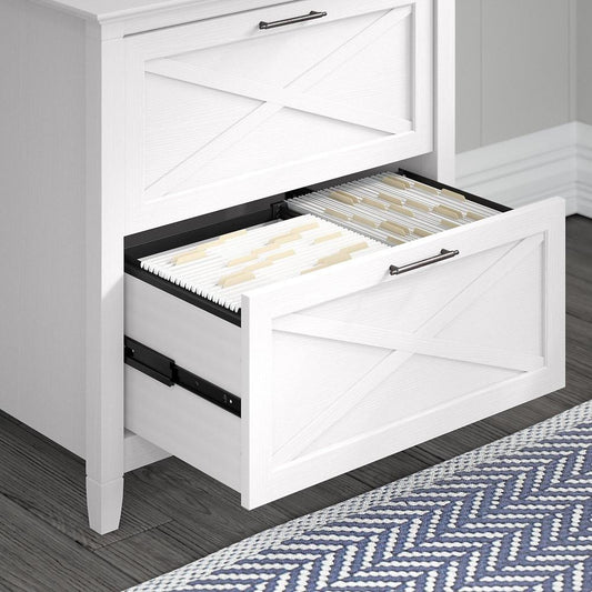 Bush Furniture - Key West 60W L Shaped Desk with File Cabinets and 5 Shelf Bookcase in Pure White Oak - KWS017WT veiw 2