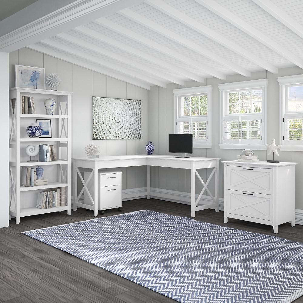 Bush Furniture - Key West 60W L Shaped Desk with File Cabinets and 5 Shelf Bookcase in Pure White Oak - KWS017WT veiw 5